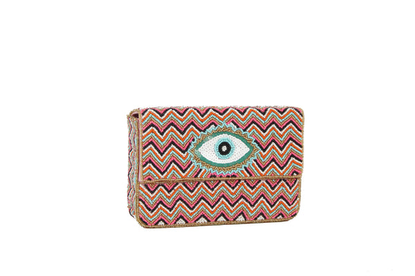 CHEVRON EVIL EYE BEADED CLUTCH