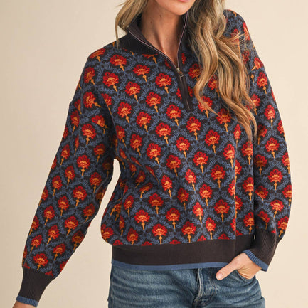 FLORAL FONDNESS ZIP PULLOVER SWEATER
