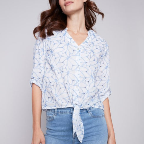 EMBROIDERED FRONT TIE COTTON BLOUSE