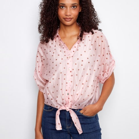 PEONY POLKA TIE-FRONT BLOUSE