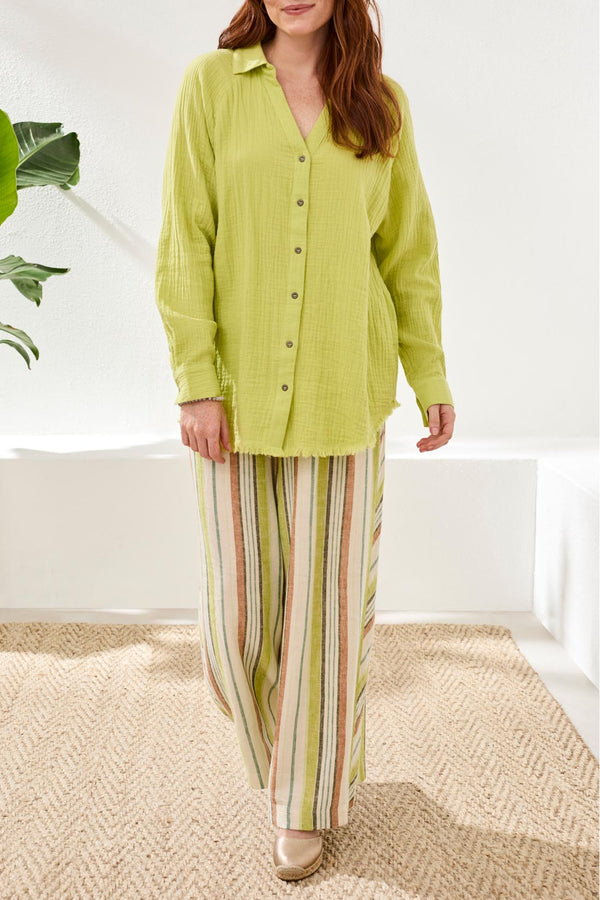 CRINKLE GAUZE BUTTON BLOUSE IN GREEN BANANA