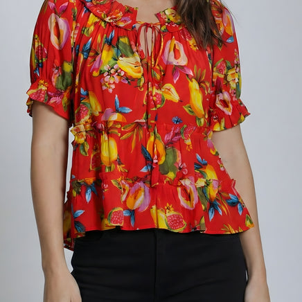CARMEN RUCHED NECK PRINT TOP
