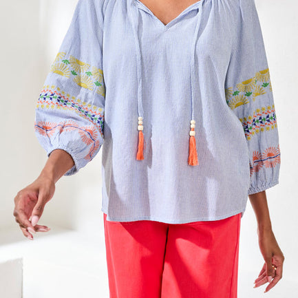ROAD TRIP EMBROIDERED SLEEVE TOP