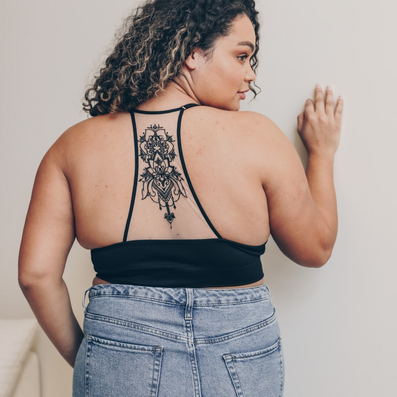 Tattoo Mesh Racerback Bralette, Crop Top, Color Black. - touchofsouth
